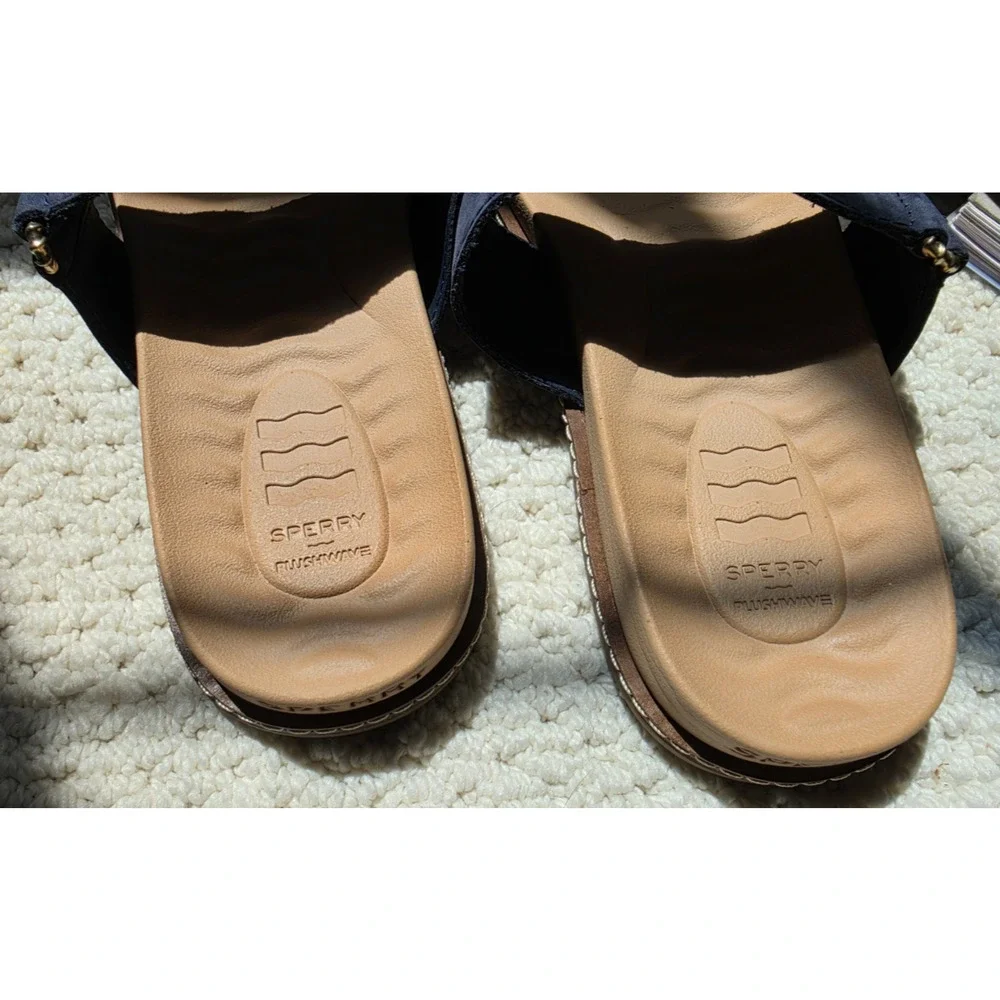 Sperry Plushwave Top-Sider Slide Sandals Navy & Tan NEW beach shoes A22-62018